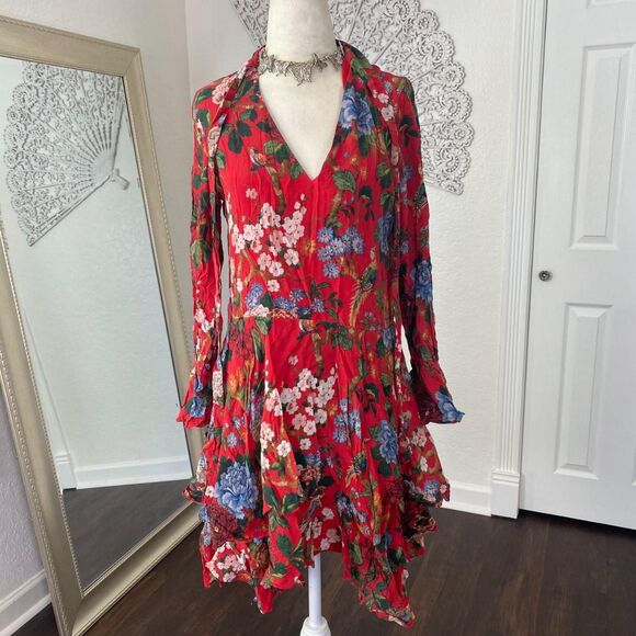 Alice + Olivia Moore Chinoiserie Floral Layered Silk Neck Bow Tie Midi dress S - Picture 2 of 8